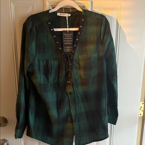 Green Plaid Lace-Up Shirt